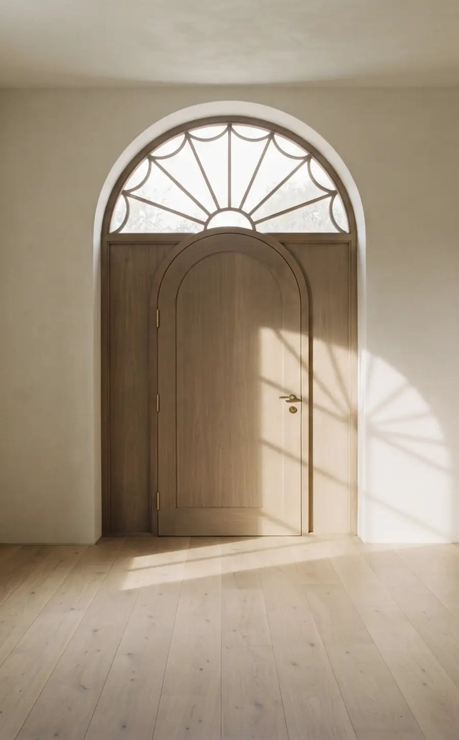 An arched oak door under a half-round fanlight window, with afternoon light falling across the wall
