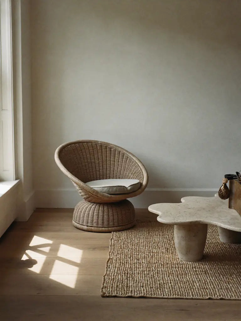 A rattan lounge chair beside a sculptural stone table