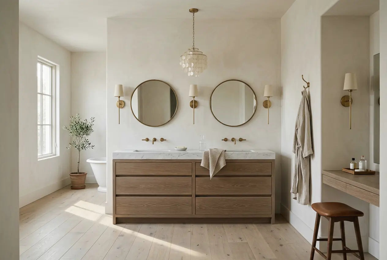 A primary bath with a furniture-style oak vanity, two round brass mirrors, sconces beside each mirror and a capiz pendant