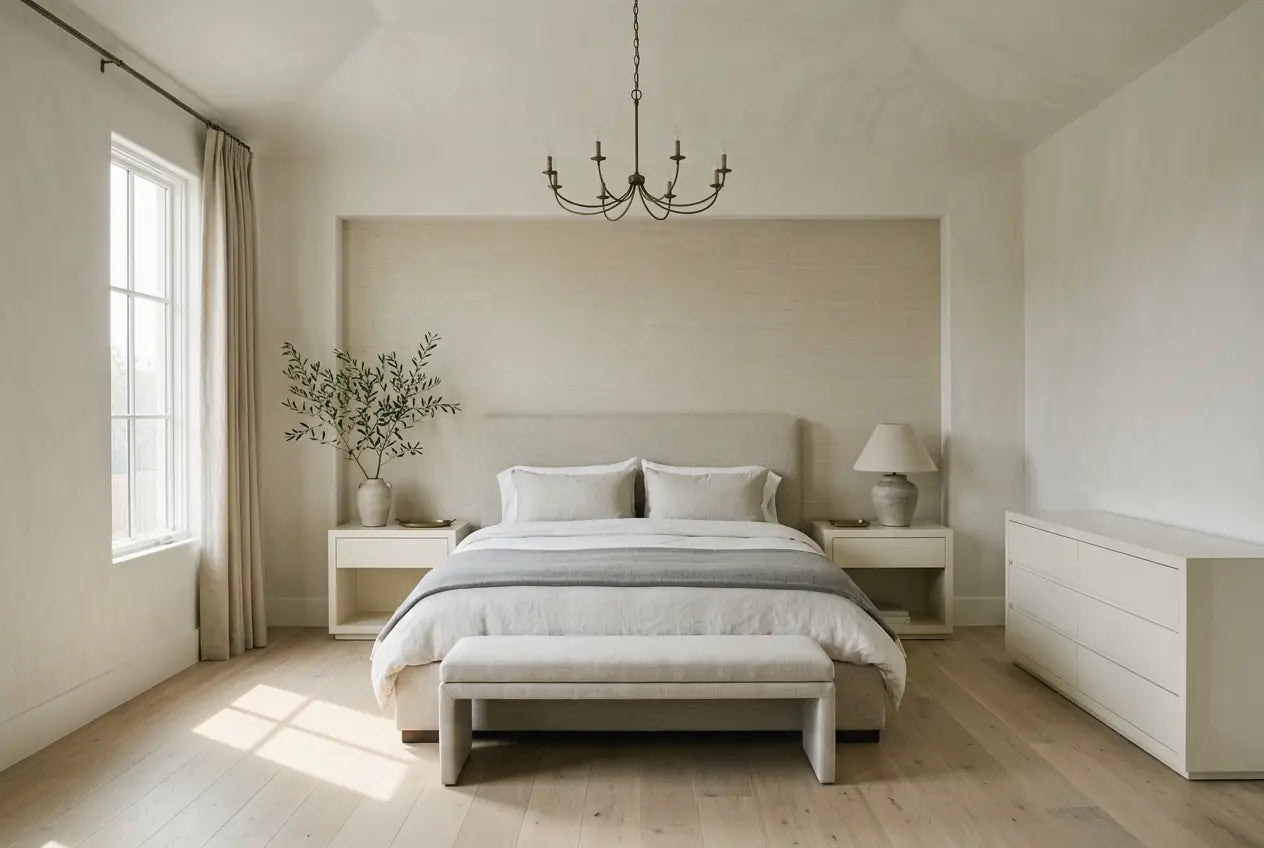 A quiet bedroom with an upholstered bed in pale linen, matching nightstands and lamps, and a bench at the foot of the bed