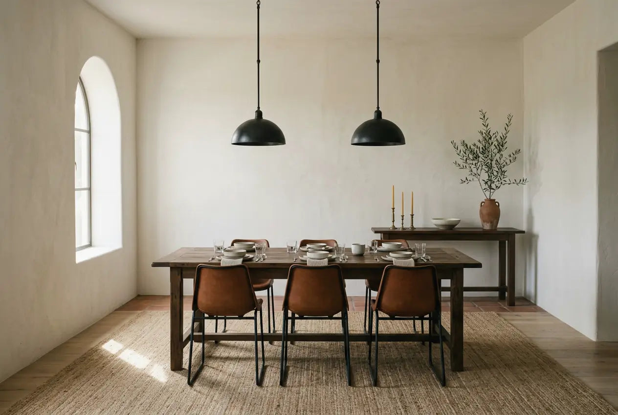 A Spanish revival dining room with a long dark wood table, leather and iron chairs, two black pendants and a deep arched window