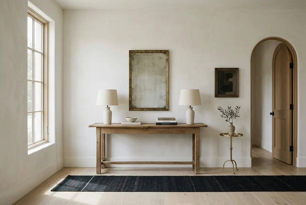 A front hall with a long wood console centered under a mirror, a pair of lamps, an arched doorway and a dark runner