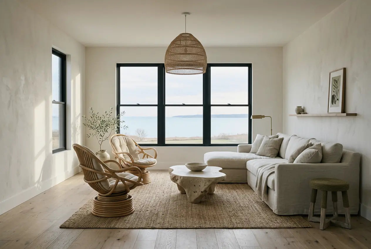 A coastal family room with a deep sectional, rattan chairs, a sculptural stone table and a wide window to the sea