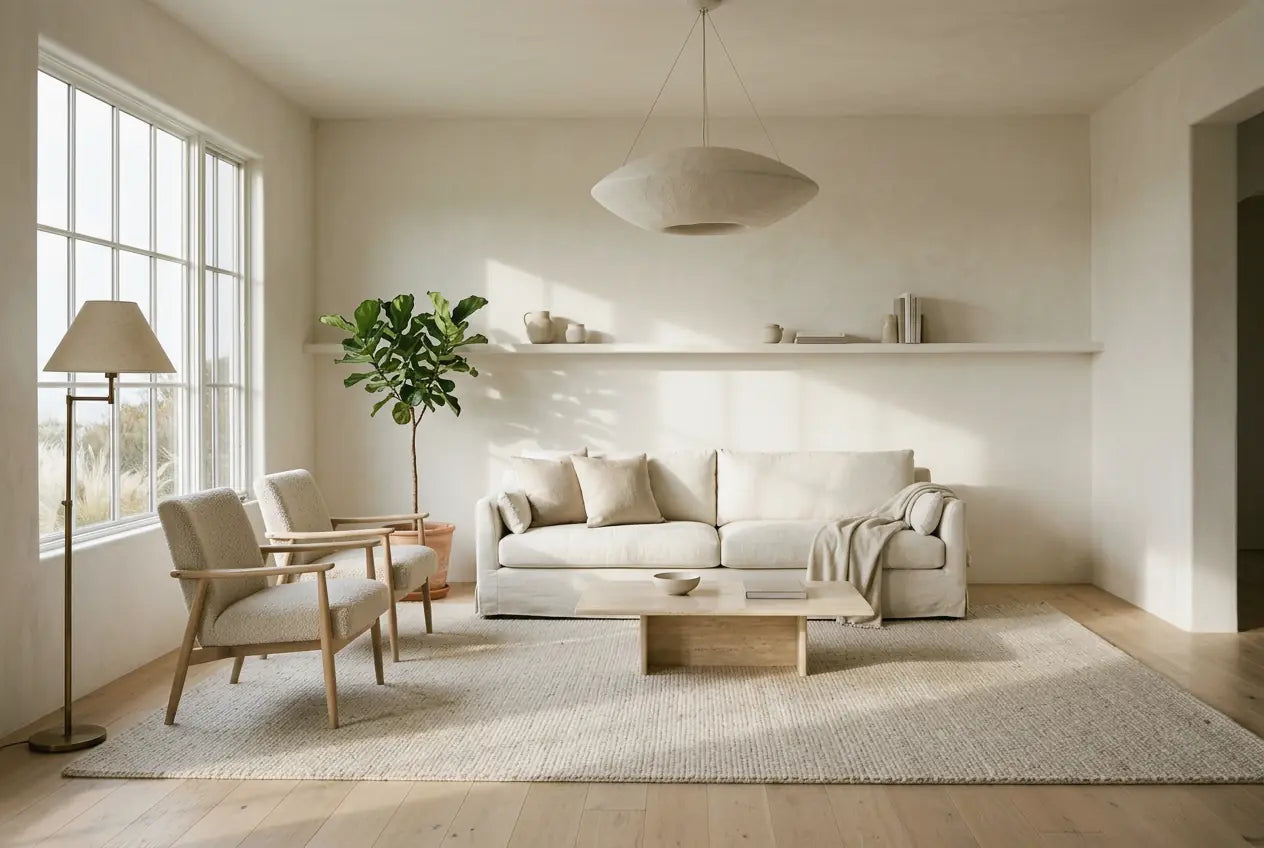 A California modern living room in warm white and pale oak, with a linen sofa, two oak lounge chairs and a plaster pendant
