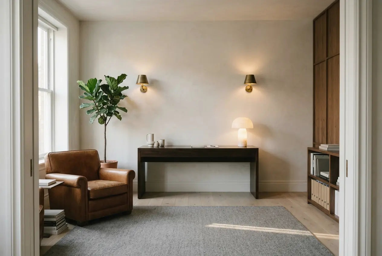 A study with a lacquered desk, a leather armchair, built-in shelves, brass wall sconces and a table lamp